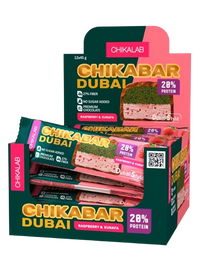 CHIKALAB DUBAI Chocolate-coated Protein bar Raspberry with pistachio and crispy dough box 12 pc