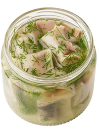 Salted Olyutor Herring Fillet with Dill in Glass Jar