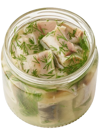 Salted Olyutor Herring Fillet with Dill in Glass Jar