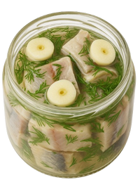 Salted Olyutor Herring Fillet with Dill and Garlic in Glass Jar