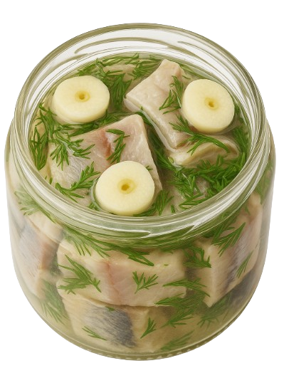 Salted Olyutor Herring Fillet with Dill and Garlic in Glass Jar