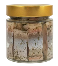 Salted Olyutor Herring Fillet with Dill in Glass Jar