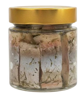 Salted Olyutor Herring Fillet with Dill in Glass Jar