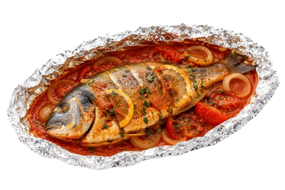 Baked Dorado in Foil in Tomato Sauce