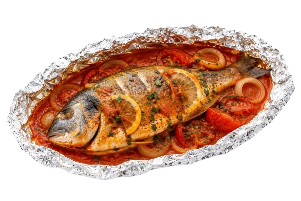 Baked Dorado in Foil in Tomato Sauce