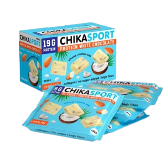 CHIKALAB Chika Sport White Protein Chocolate with almonds and coconut chips box 4 pcs