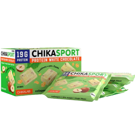 CHIKALAB Chika Sport White Protein Chocolate with hazelnuts and corn flakes box 4 pcs