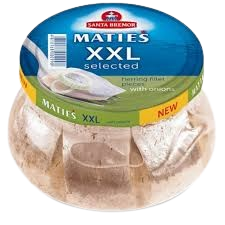 SANTA BREMOR ATLANTIC HERRING FILLET-PIECES LIGHTLY SALTED "MATIES" "XXL SELECTED" WITH ONIONS IN OIL