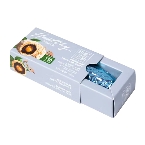 BUCKWHEAT WHITE CHOCOLATE COVERED DATE WITH COCONUT FLAKES